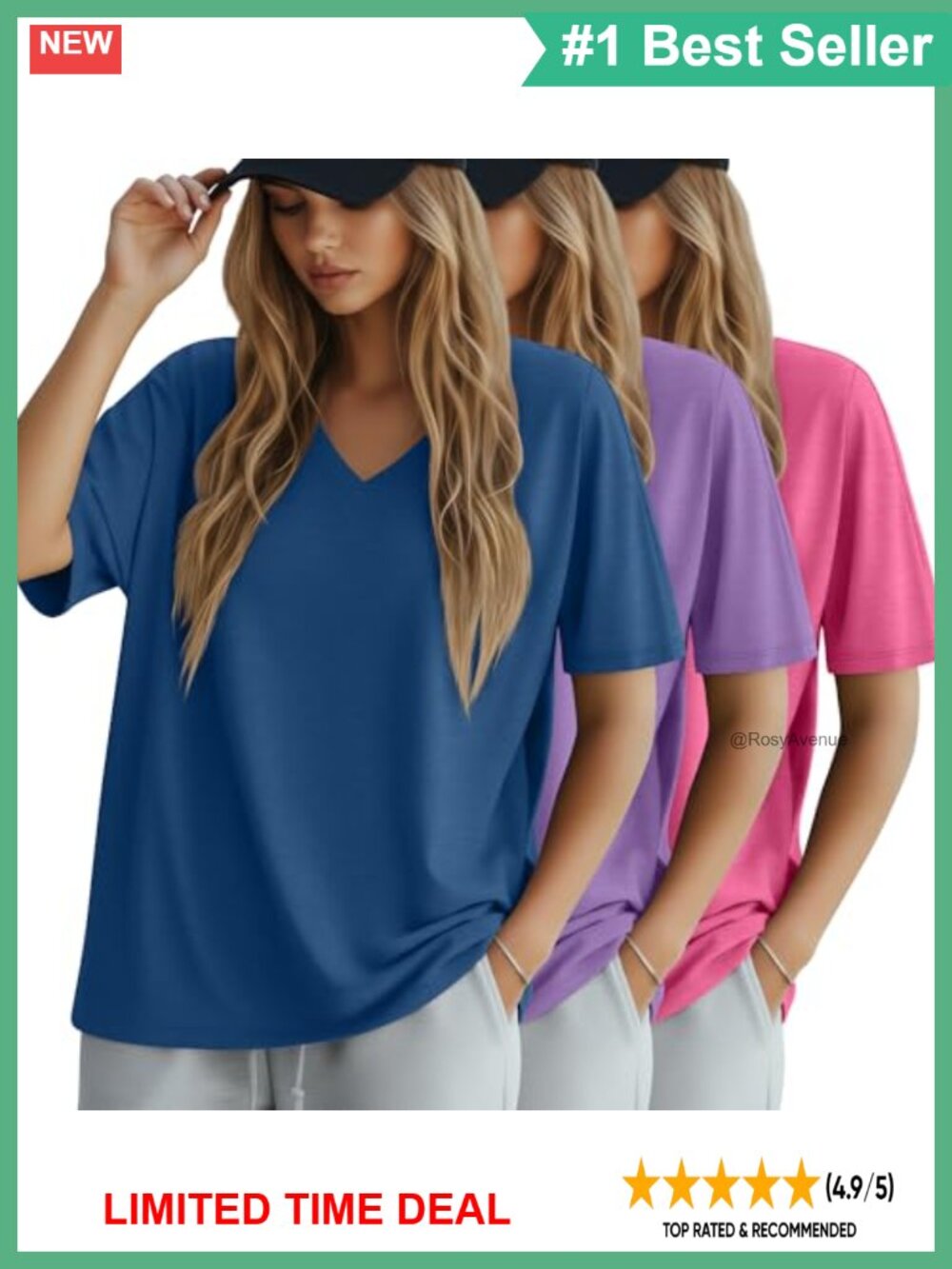 Oversized Cotton V Neck Short Sleeve T-Shirt 3 Pack Loose Fit Summer Top